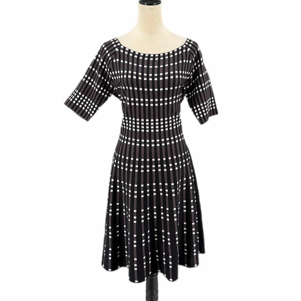 Eliza J Black White Gray Fit & Flare Stripe Pattern Sweater Fall Chic Knit Dress